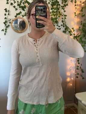 Aerie Cream Waffle Knit Henley Long Sleeve Top
